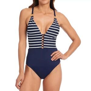 La Blanca Navy and White Striped One Piece Swimsuit
